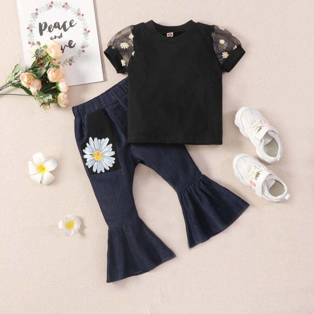 Girls Daisy Mesh Sleeve Tee and Flare Jeans Set